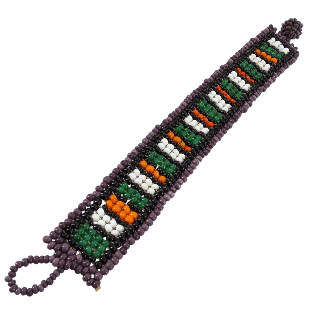 Handmade Beaded Cuff Bracelet Geometric Seed Bead Tribal 7.5"
